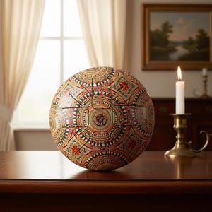 May include: A patterned steel tongue drum with a circular design. The drum features a complex pattern of red, yellow, and green geometric shapes. The instrument is placed on a wooden surface.
