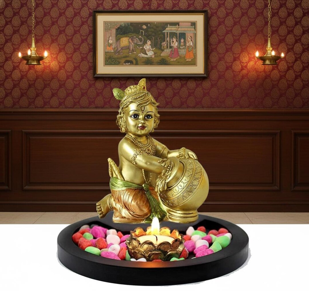 Laddu Gopal Resin Statue | Bal Krishna With Makhan Matki, Hindu Temple ...