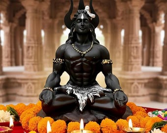 Adiyogi Shiva Statue | Matte Black Resin Murti, Hindu Tempel Dekor