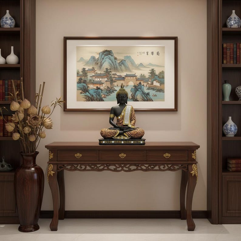 K&ouml;nnte beinhalten: Eine dunkelbraune Holzkonsolentisch mit drei Schubladen und goldenen Verzierungen. Eine sitzende Buddha-Statue steht auf dem Tisch, unter einem gerahmten Landschaftsbild. Dekorative Vasen und Regale befinden sich auf beiden Seiten.