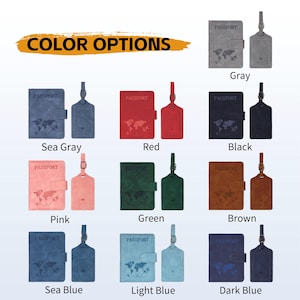 May include: A collection of passport holders and luggage tags in various colors including gray, sea gray, red, black, pink, green, brown, sea blue, light blue, and dark blue. Each passport holder features a world map graphic and the word PASSPORT.