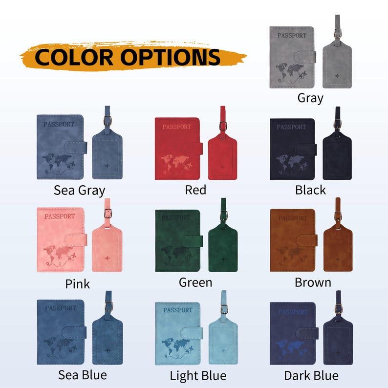 May include: A collection of passport holders and luggage tags in various colors including gray, sea gray, red, black, pink, green, brown, sea blue, light blue, and dark blue. Each passport holder features a world map graphic and the word PASSPORT.