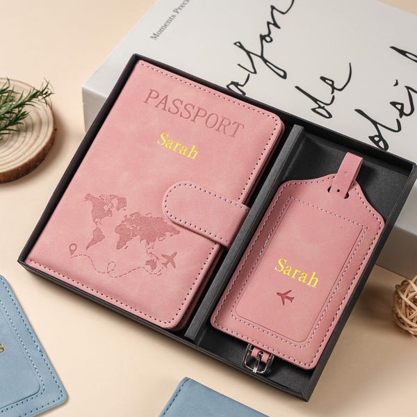 Estuche para pasaporte y etiqueta de equipaje personalizados: protección RFID para viajeros, regalo de viaje personalizado