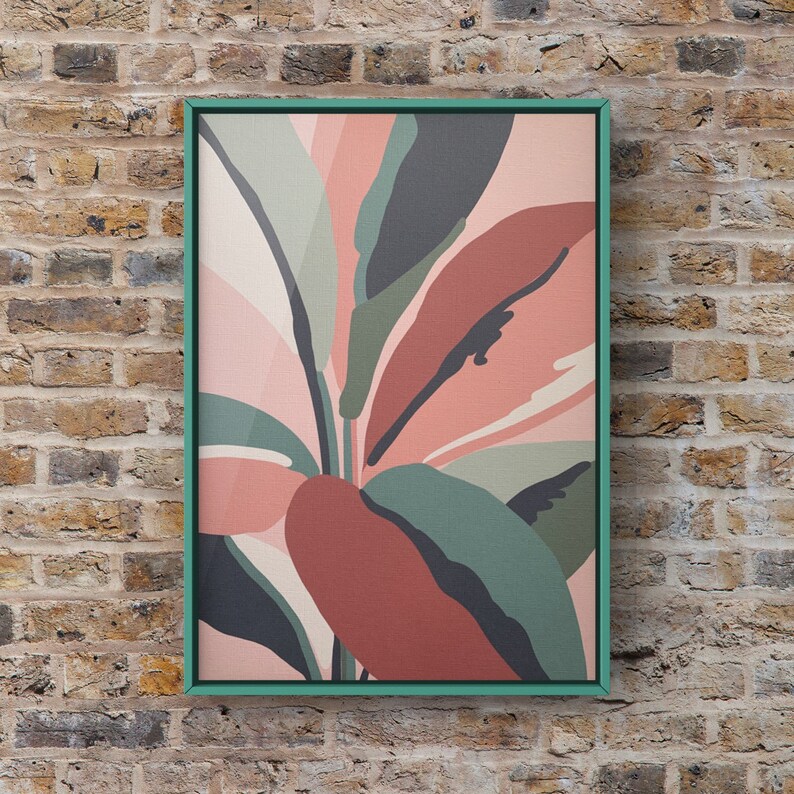 May include: Abstract art print featuring a stylized floral design in shades of pink, green, and brown. The print is framed in a teal frame.