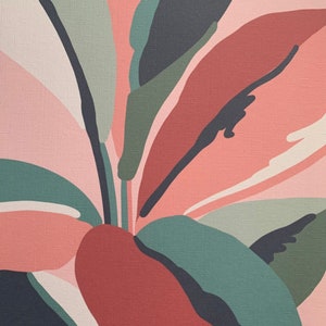 May include: Abstract art print featuring a stylized design of overlapping leaves in shades of pink, green, and brown.