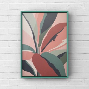 May include: Abstract art print featuring a stylized floral design with pink, red, green, and blue colors. The print is framed in a light green frame.
