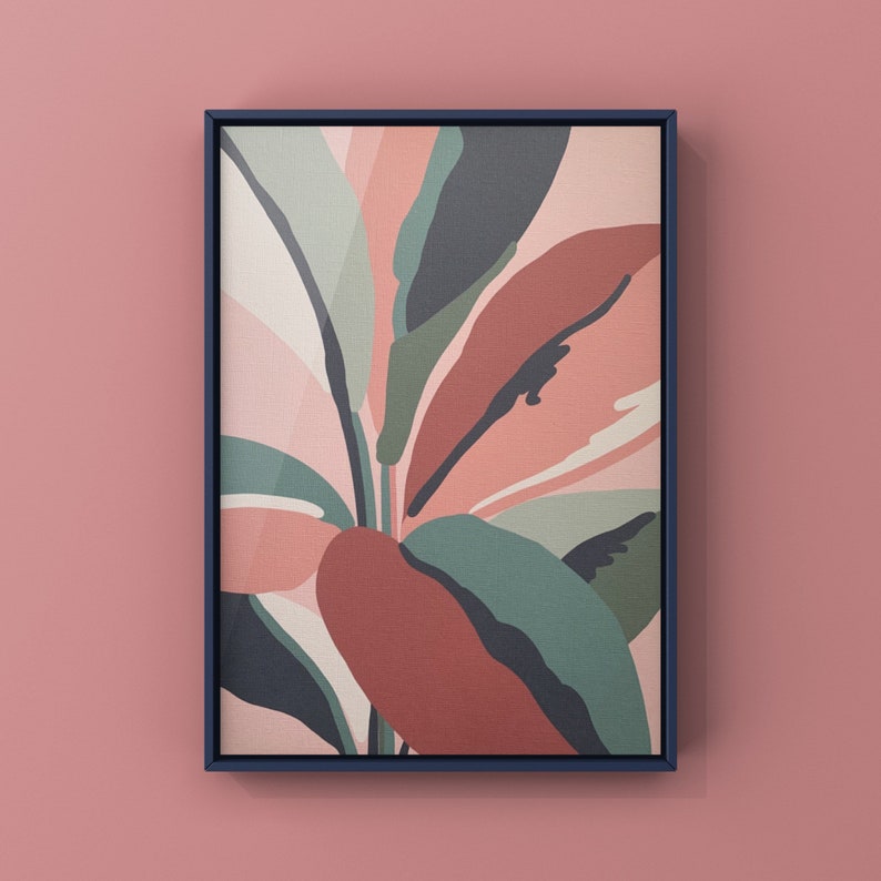 May include: Abstract art print featuring a stylized floral design with pink, red, green, and white leaves. The print is framed in a dark blue frame.