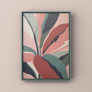 May include: Abstract art print featuring a stylized floral design with pink, red, green, and blue colors. The print is framed in a light green frame.
