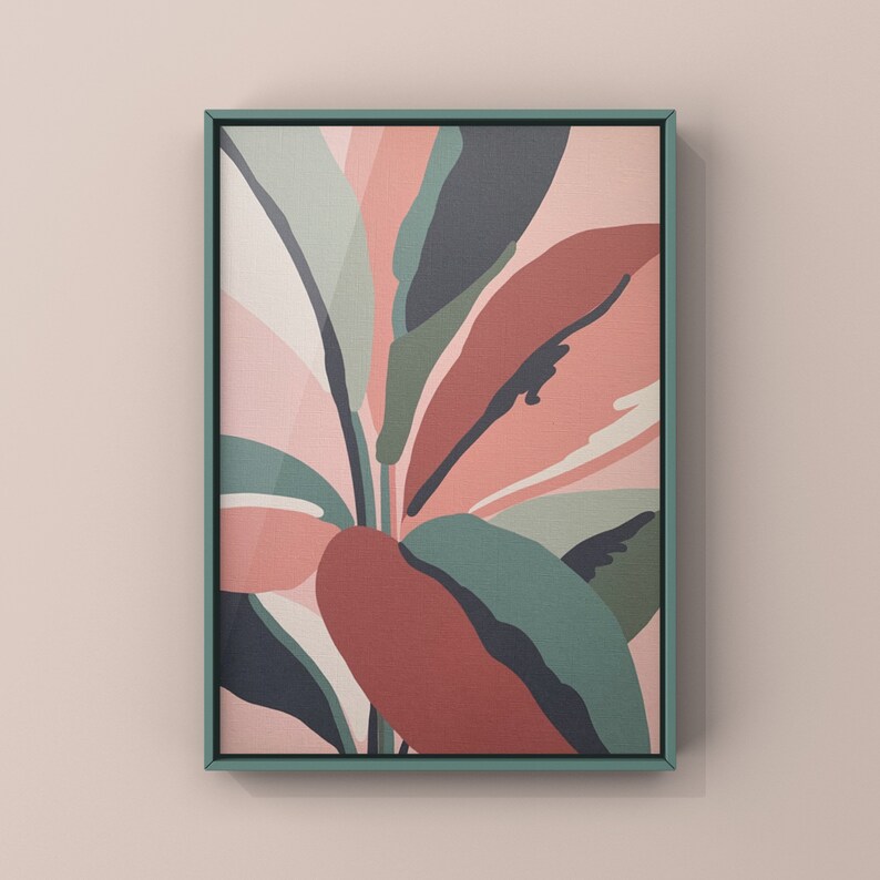 May include: Abstract art print featuring a stylized floral design with pink, red, green, and blue colors. The print is framed in a light green frame.