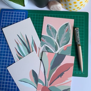 Juego de 4 postales, Postales de plantas, Postales de correo postal, La loca de las plantas, Postales de plantas, Envía un abrazo, Postales de te extraño, Hojas