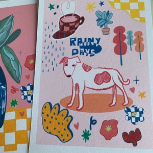 Dessin chien A5 Rainy Days / Illustration de chien / Impressions murales colorées / Impression d'art dessin chien