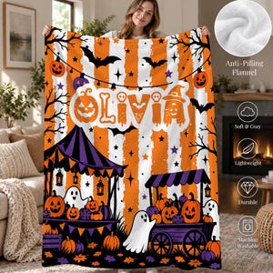 Manta personalizada de Halloween, manta espeluznante con nombre personalizado, estampado de fantasmas, calabazas y murciélagos, suave franela polar, decoración de casa embrujada, regalo de otoño para niños