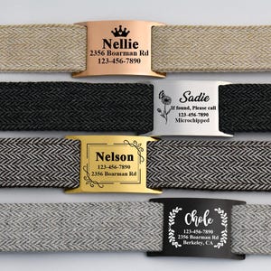 May include: Four dog collar nameplates with personalized text are displayed. The nameplates are in gold, silver, and black, with names like Nellie, Sadie, Nelson, and Chole. The collars are made of woven fabric in various colours.