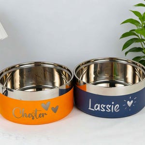 May include: Two stainless steel pet bowls. One is orange with the name "Chester" and heart graphics. The other is navy blue with the name "Lassie" and a heart graphic. Both bowls have a silver rim.