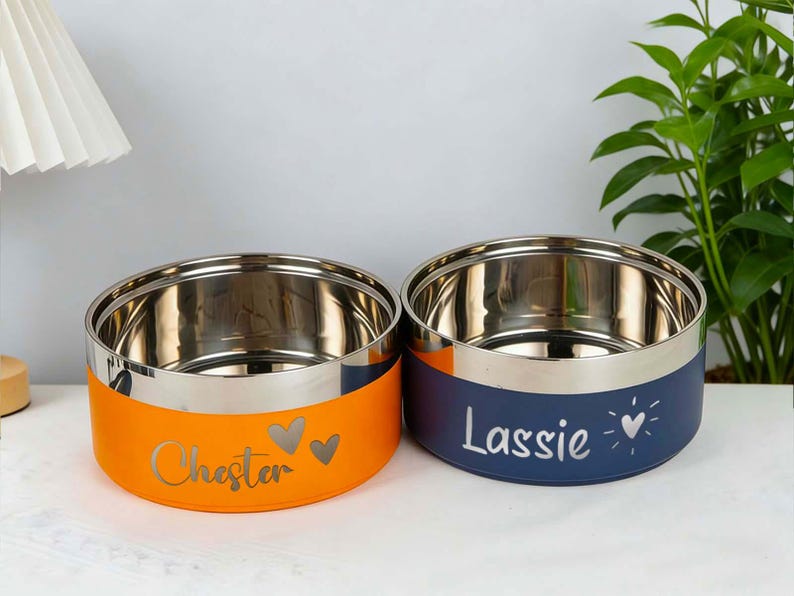May include: Two stainless steel pet bowls. One is orange with the name "Chester" and heart graphics. The other is navy blue with the name "Lassie" and a heart graphic. Both bowls have a silver rim.