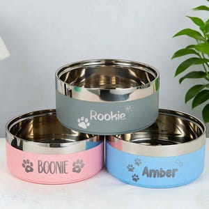 May include: Three stainless steel pet bowls in pastel colors: blue, pink, and gray. Each bowl has a silver rim and a colored band with a pet's name and paw prints. The names are "Rookie", "Boonie", and "Amber".