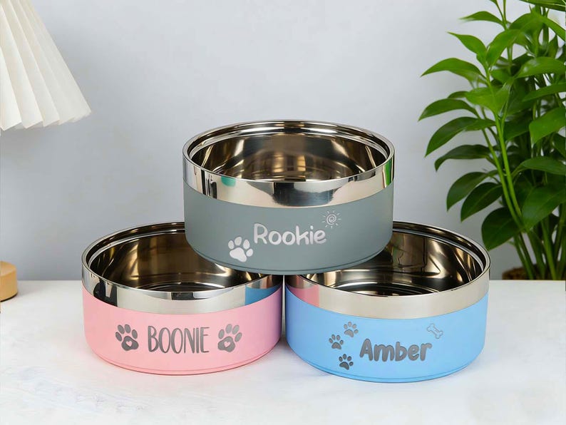 May include: Three stainless steel pet bowls in pastel colors: blue, pink, and gray. Each bowl has a silver rim and a colored band with a pet's name and paw prints. The names are "Rookie", "Boonie", and "Amber".