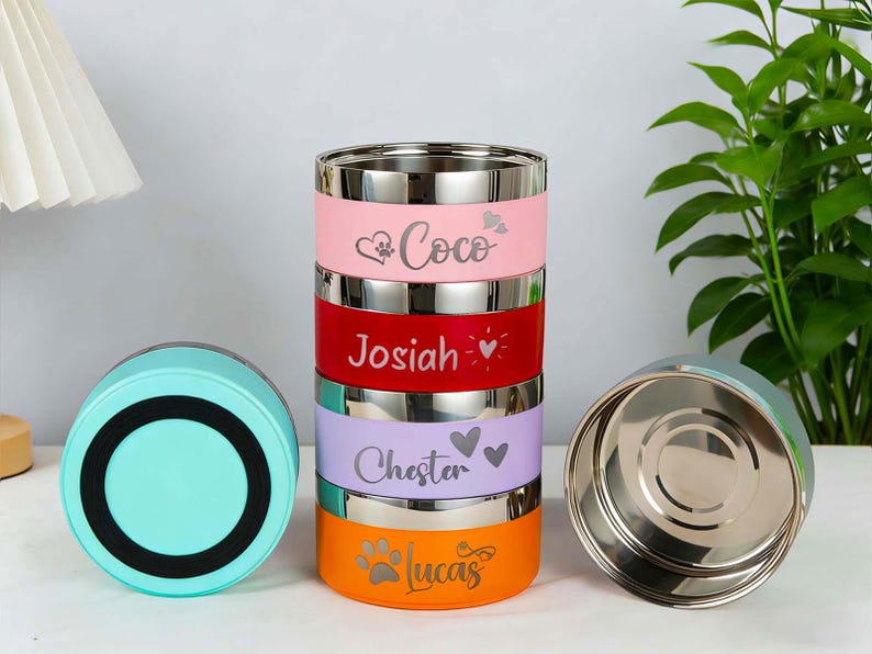May include: Stackable pet food containers in pink, red, purple, and orange with silver rims. Each container has a pet's name engraved: Coco, Josiah, Chester, and Lucas. A teal container and a lid are also visible.