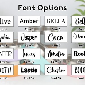 May include: A graphic displaying 16 font options for text design. Each font is shown with a sample word in a white rectangle. The fonts vary in style, from classic serif to modern script, with names like "Olive," "Sophia," and "Rookie."