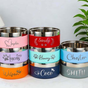 May include: A stack of six stainless steel pet bowls with colored bands. Each bowl has a different name engraved on it: Sophia, Lucas, Wilson, Sandy, Henry, Chester, and Smith. The bowls are in various colors, including pink, purple, orange, red, teal, blue, and gray.