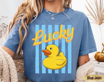1. Comfort Colors® Lucky Duck-skjorta, söt retro-t-shirt med gummianka och grafik, trendig preppy randig t-shirt, roliga kläder med sommarkänsla som present