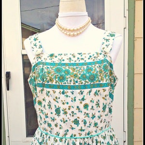 Vintage 1940s 1950s Blue Green Sleeveless Dress Sundress Floral Cotton Large L image 1