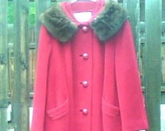 Vintage 1950s 1960s Red Coat/ Cranberry/ Mink Collar/ Swing Coat/Car Coat/ Medium Large
