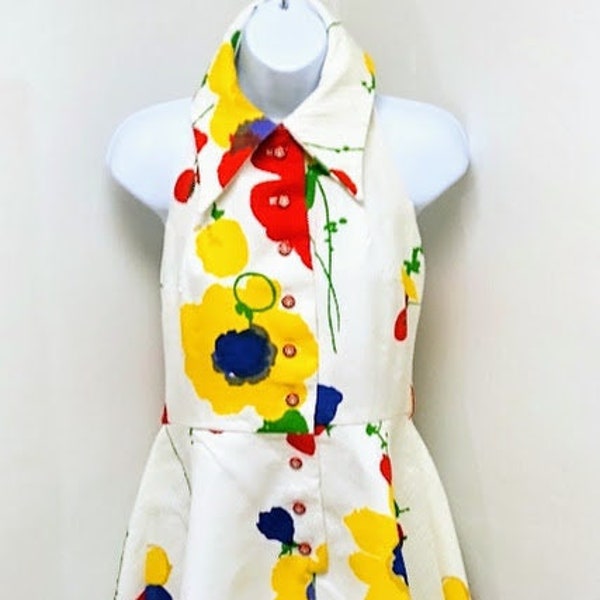 Vintage 1970s 70s Halter Dress / Sundress/ Novelty Print/ Boho/ Mod/ Festival/Medium