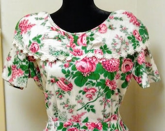 Vintage 1940s 1950s Floral Print Wrap Dress Cotton by BARBETTE Large XL