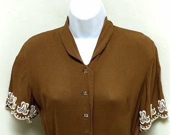 Vintage 1940s 40s Brown Lace Embroidery Dress/ Frock by Belle Brook Frocks Size S Small