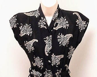 Vintage 1940s 40s Novelty Print l Swing Dress l  Frock I World War 2 XS