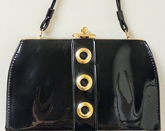 Vintage 1960s 60s Black Patent Leather Handbag Purse MCM MOD Fabulous!