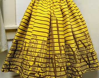 Vintage 1950s /1960s Skirt/Yellow/ Novelty Border Print/ XXS