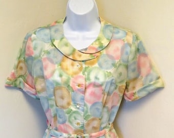 Vintage 1950s l 1960s l Watercolor l Atomic l Floral Print l Cotton Dress l Belt l Full Skirt l Small