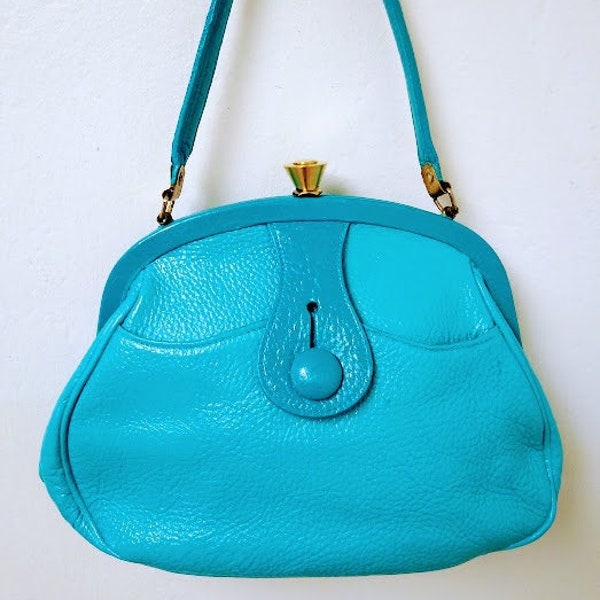 Vintage 1960s 60s Roger Van Schoyck Two Tone Turquoise Mod Leather Mini Bag Purse Handbag RARE Restored Hand Painted