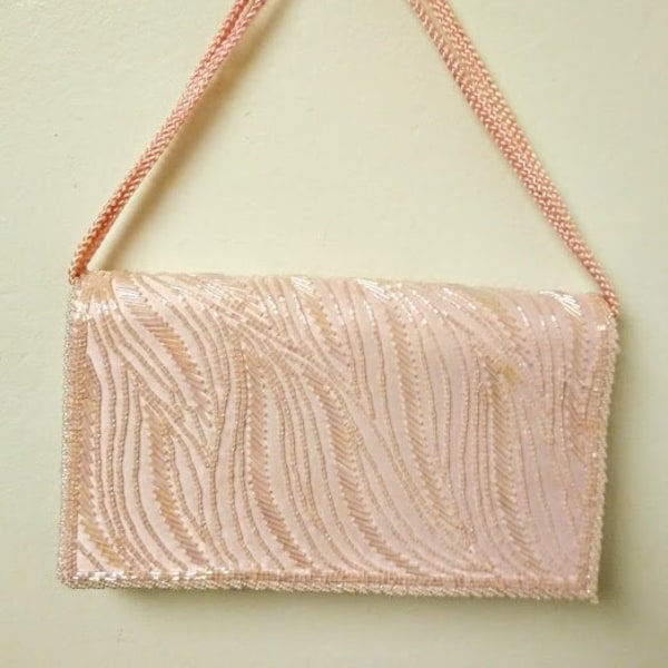 Vintage 1980s does 1950s Pale Pink Beaded Evening Bag/ Clutch Shoulder Bag by GENIE