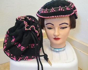 Vintage  1950s Black Pink Beaded Crochet Purse and Matching Hat Lot Rockabilly