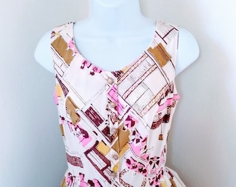 Vintage 1950s 1960s Sleeveless Sundress Reverse Novelty Print Cotton Full Skirt VLV S Small Everfast Fabrics, Inc. RARE OOAK