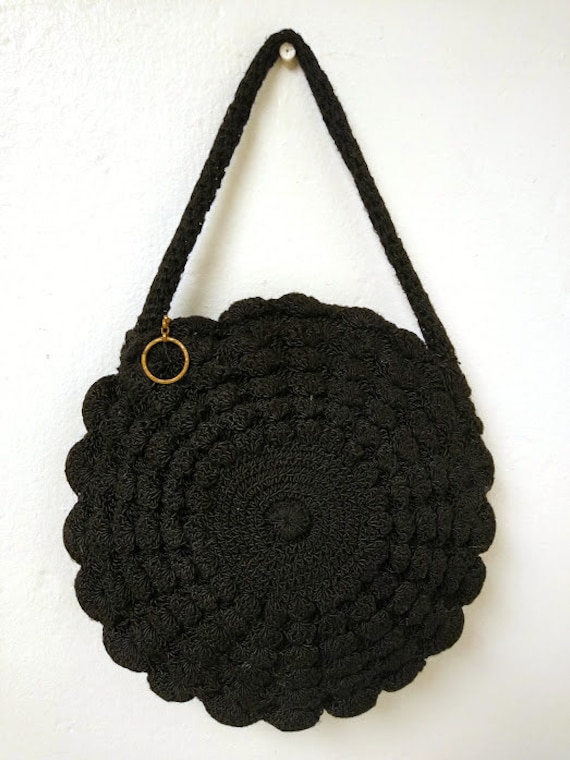 Vintage 1930s 1940s Black Round Crochet Purse Bag… - image 7