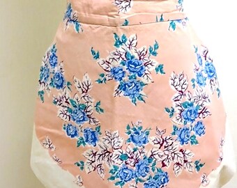 Vintage 1940s 1950s Pink Blue Floral Tablecloth Cotton Half Apron Large