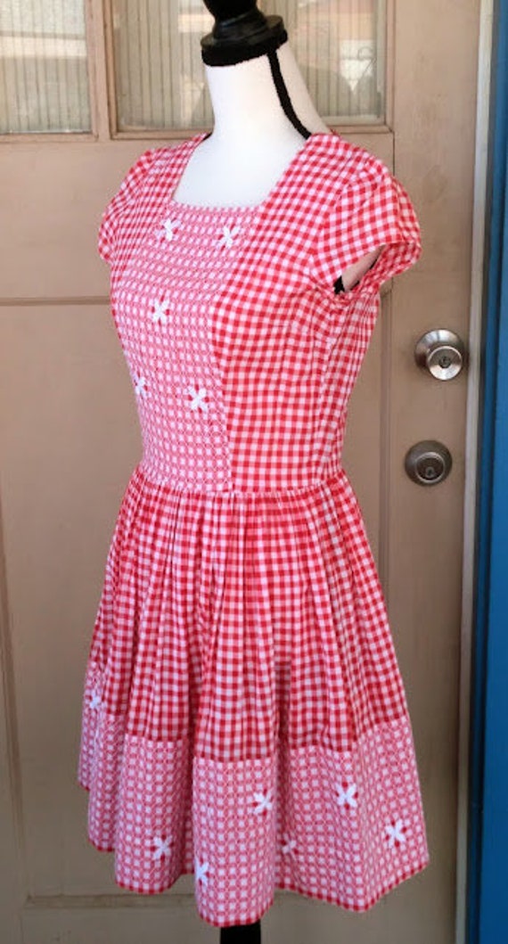 Vintage 1950s 50s Red White Dress Gingham Cotton … - image 7