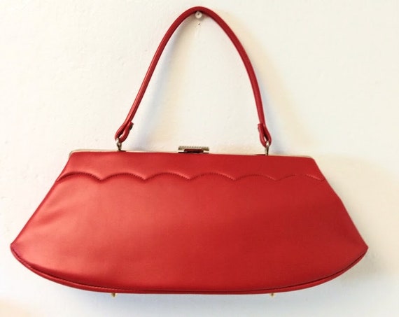 Vintage 1950s 1960s Red Faux Leather Handbag Purs… - image 8