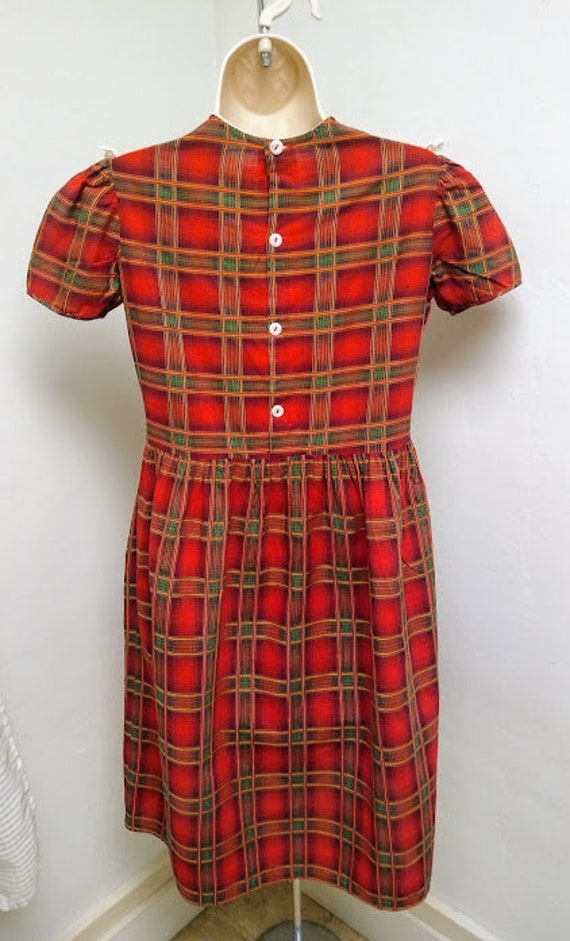 1930s 1940s Red Plaid Print Dress Frock Small Med… - image 3