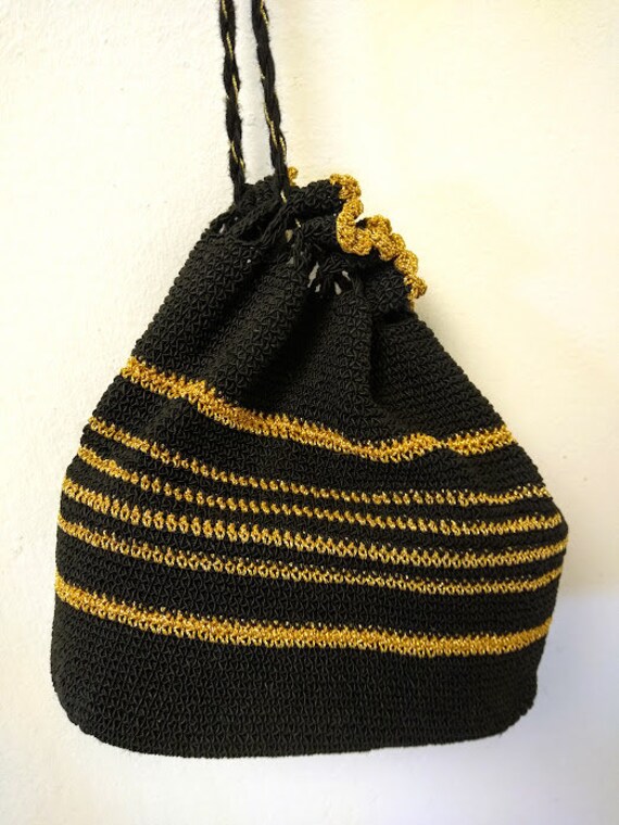 Vintage 1940s 1950s Crochet Drawstring Bag Purse … - image 5