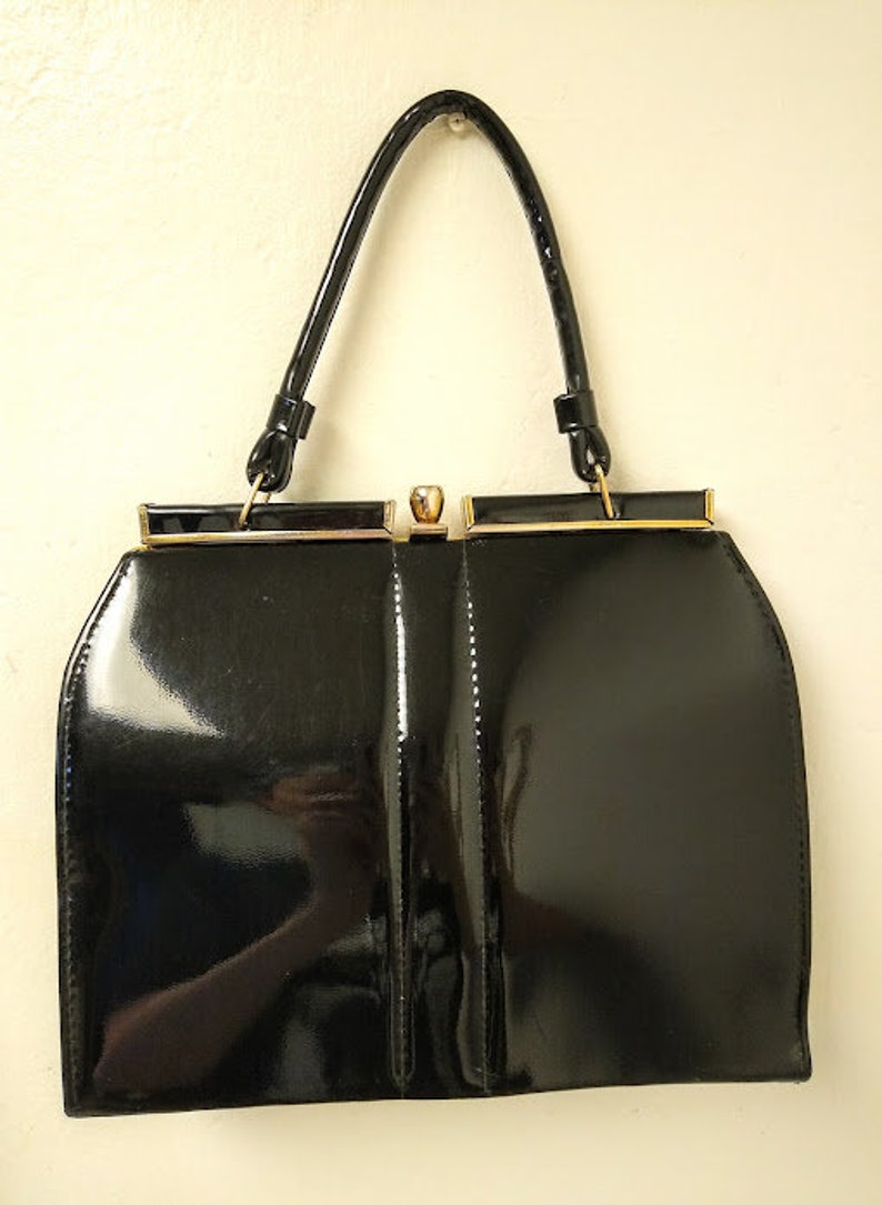 Vintage 1960s 60s Black Patent Leather Handbag Purse Large MCM - Etsy
