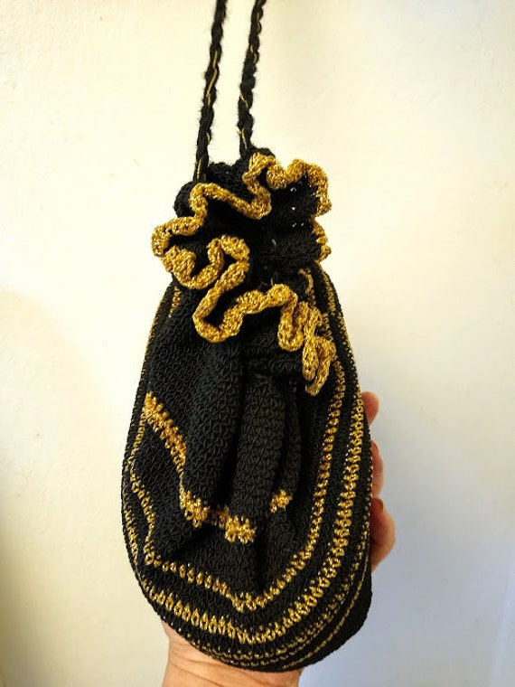 Vintage 1940s 1950s Crochet Drawstring Bag Purse … - image 4