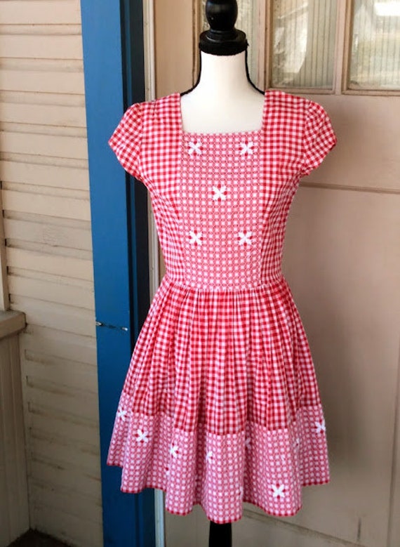 Vintage 1950s 50s Red White Dress Gingham Cotton … - image 6