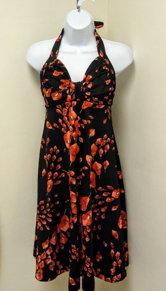 Vintage 1970s Halter Dress /Lily Print/ Polyester… - image 2