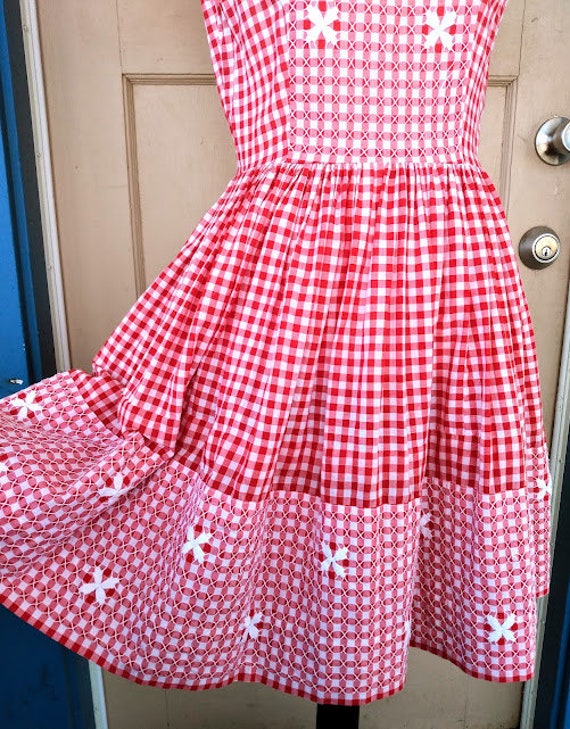 Vintage 1950s 50s Red White Dress Gingham Cotton … - image 4