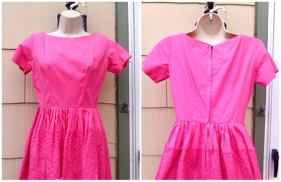 Vintage 1950s 50s Pink Dress Cotton XS Small Rock… - image 3